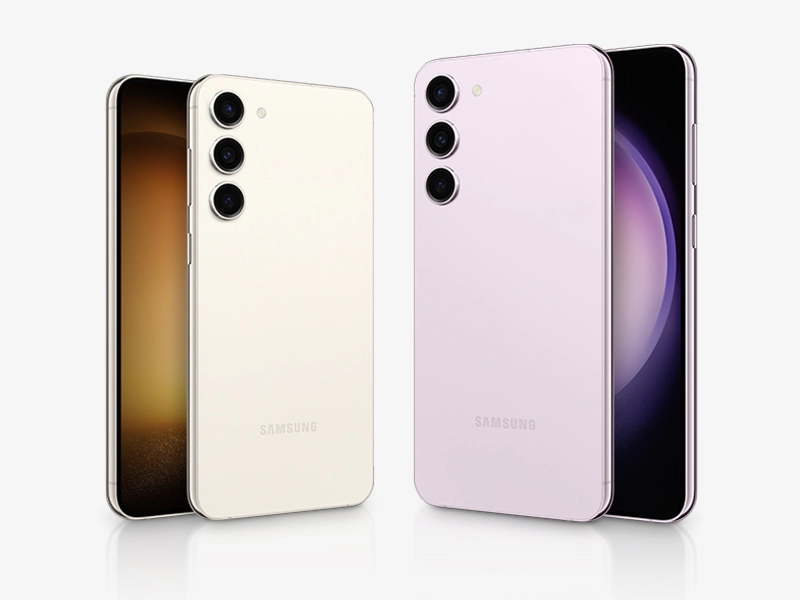 Samsung Galaxy S23 Plus nas cores creme e lavanda – visão traseira elegante com câmera tripla