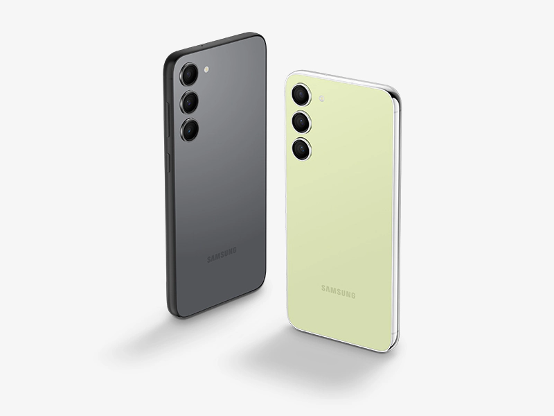 Samsung Galaxy S23 Plus nas cores grafite e lima – parte traseira com bordas retas e câmera tripla
