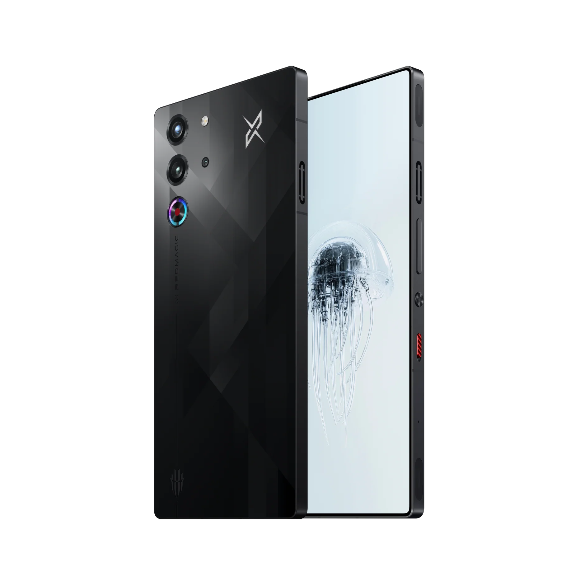 Exibindo a parte frontal e traseira do REDMAGIC 10 Pro, esta imagem destaca a tela sem bordas e o acabamento geométrico elegante, ideal para quem busca desempenho e estilo.