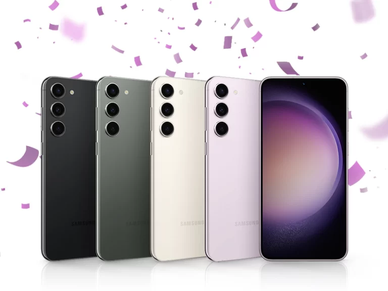 Imagem do Samsung Galaxy S23 Plus em quatro cores: preto, verde, creme e rosa. Mostra a parte traseira com câmera tripla e a frente com tela acesa.