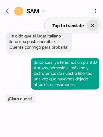 Tradução automática de chat do espanhol para o alemão no Galaxy S24.