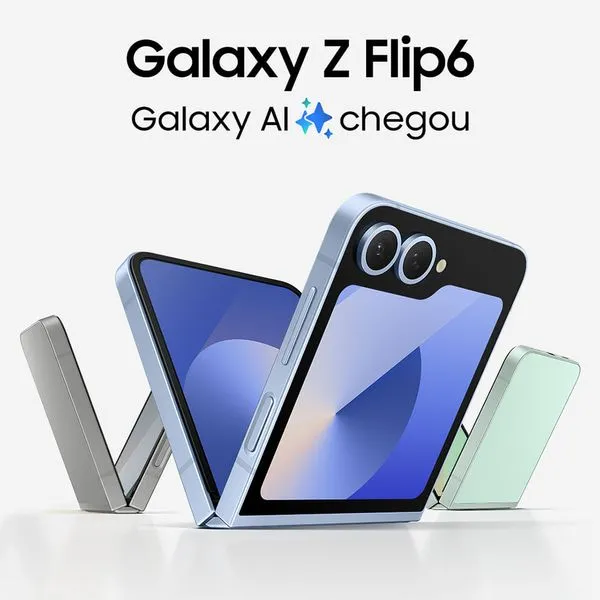 Vários Galaxy Z Flip 6 em diferentes cores, parcialmente abertos