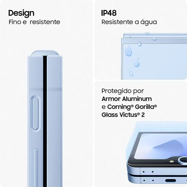 Vista lateral do Galaxy Z Flip 6 com destaque para resistência à água e proteção Gorilla Glass