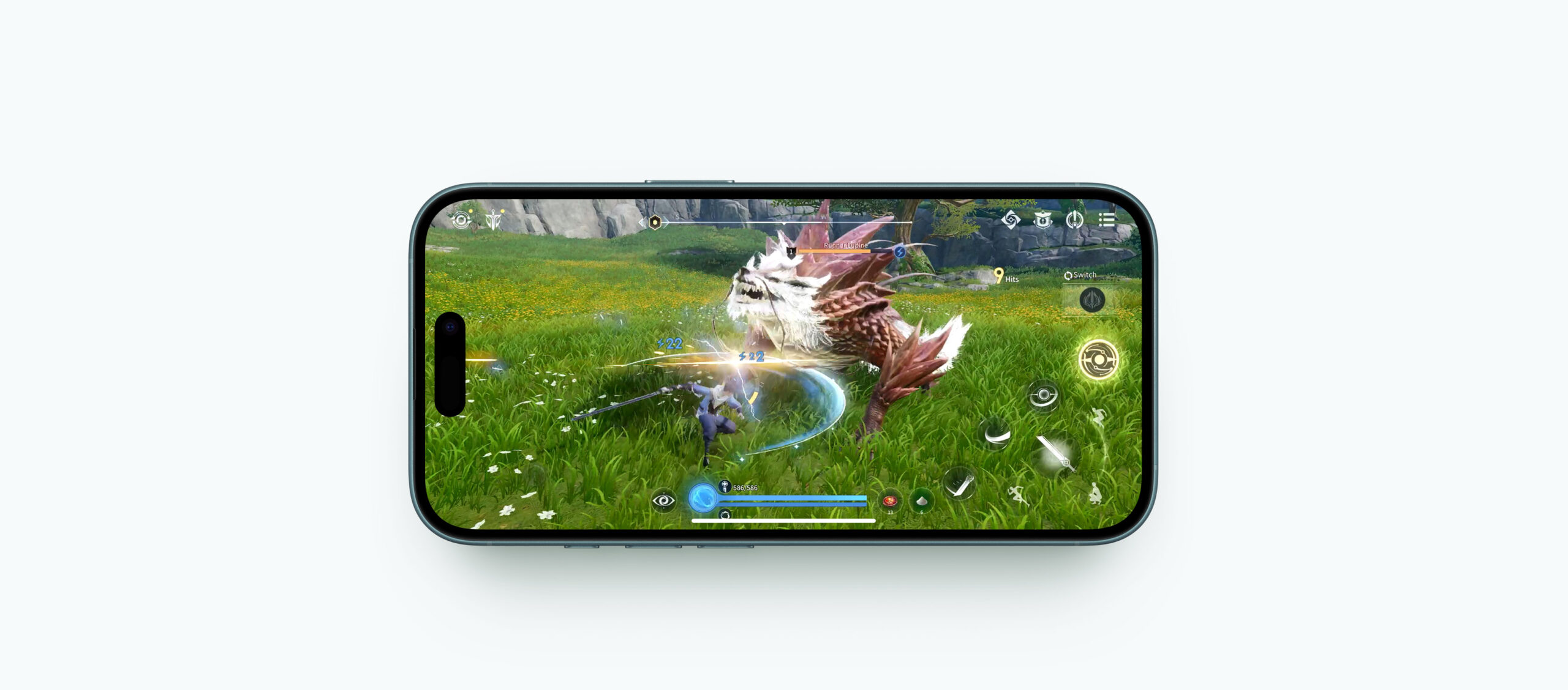 iPhone 16 exibindo uma cena cheia de ação de um jogo com gráficos e controles suaves.