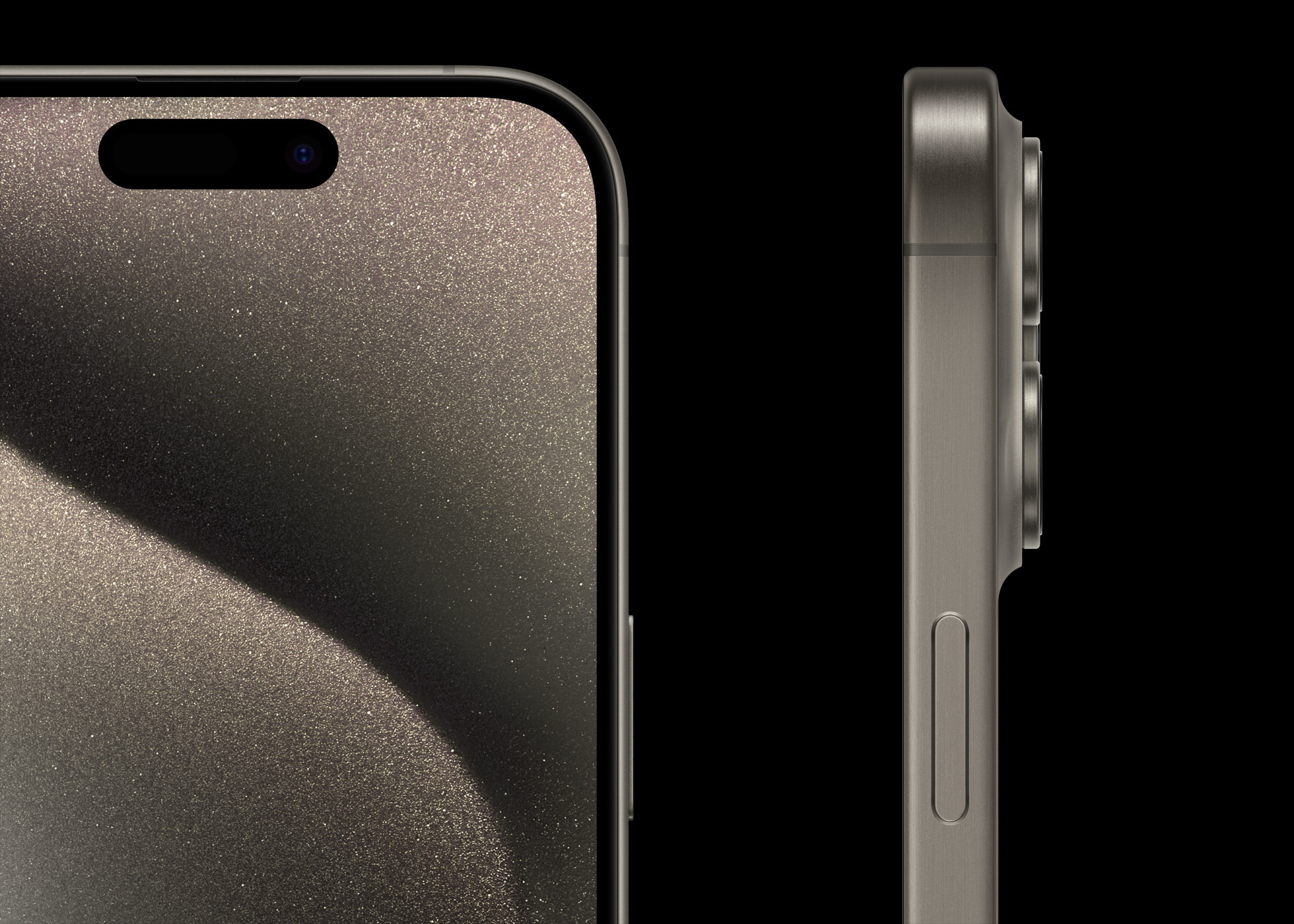 Imagem lateral detalhada do iPhone 15 Pro com câmera e borda da tela