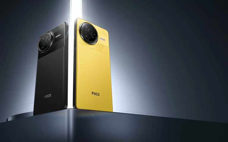 Vista traseira do Poco F7 Ultra nas cores preto e amarelo com módulo de câmera em destaque