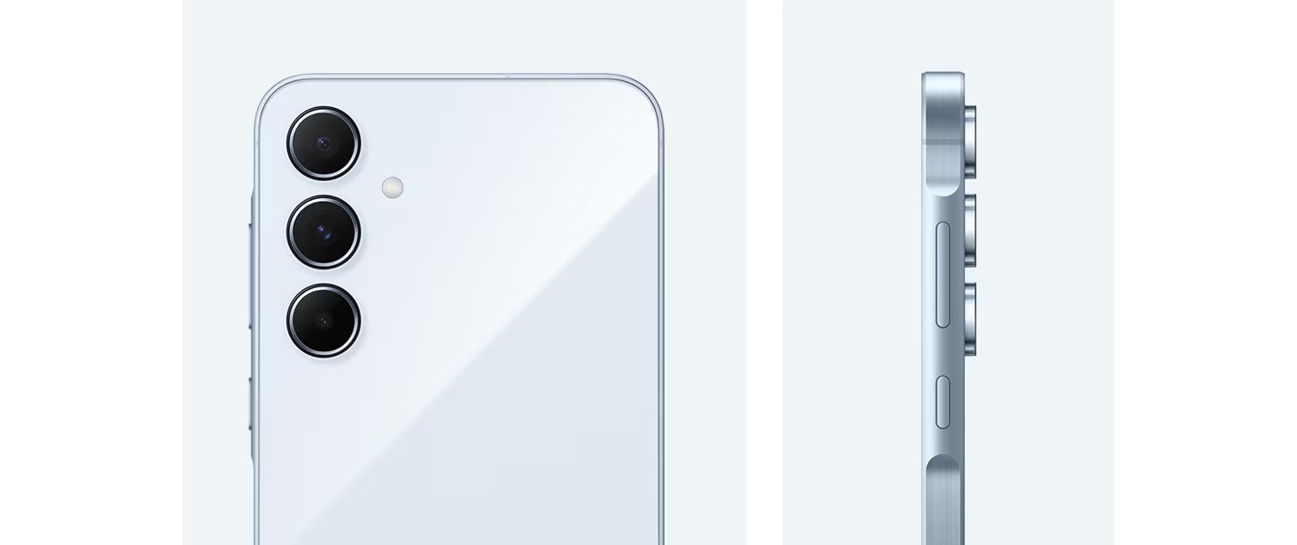Parte traseira e perfil lateral do Galaxy A55 azul