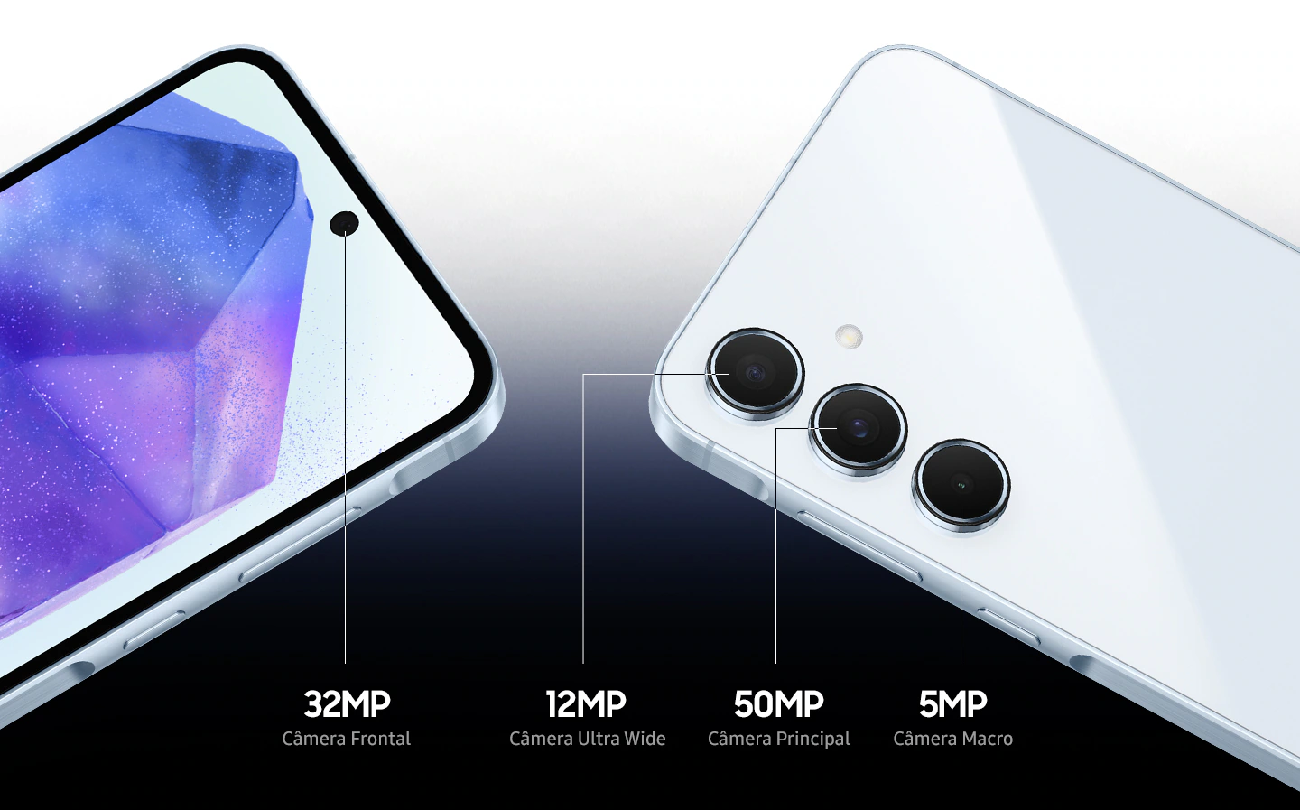 Samsung Galaxy A55 com câmera frontal de 32 MP, câmera principal de 50 MP, ultra grande-angular de 12 MP e macro de 5 MP