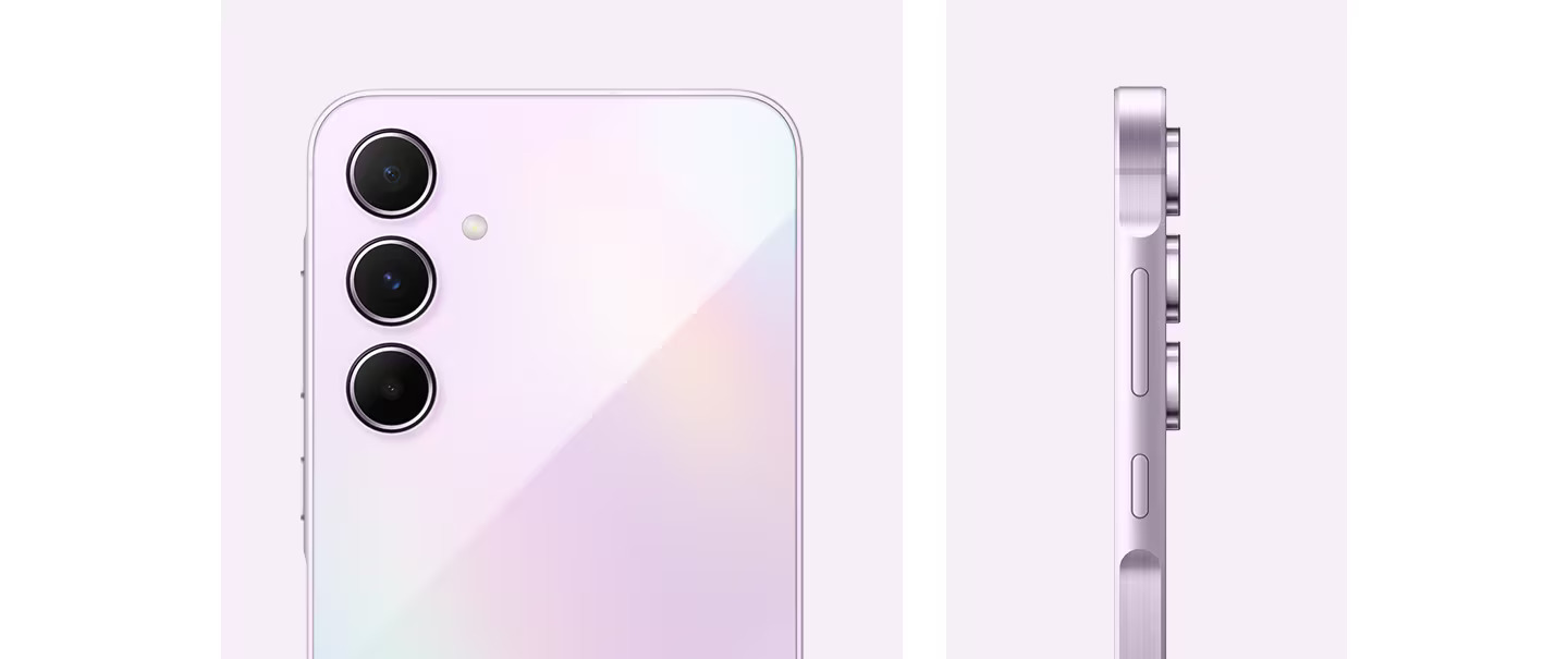 Galaxy A55 na cor roxa com módulo de câmeras em destaque