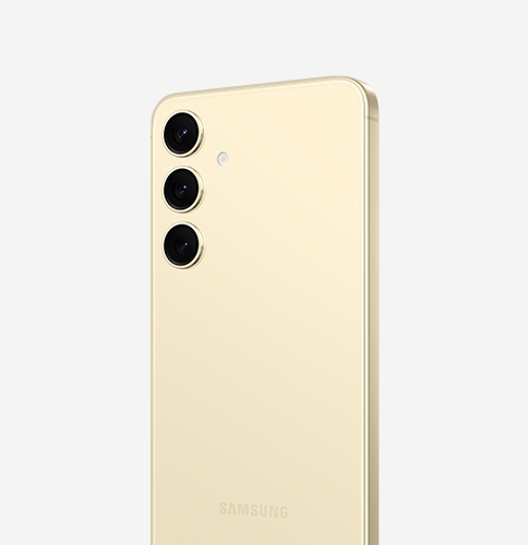 Parte traseira do Samsung Galaxy S24 na cor Amber Yellow com câmera tripla