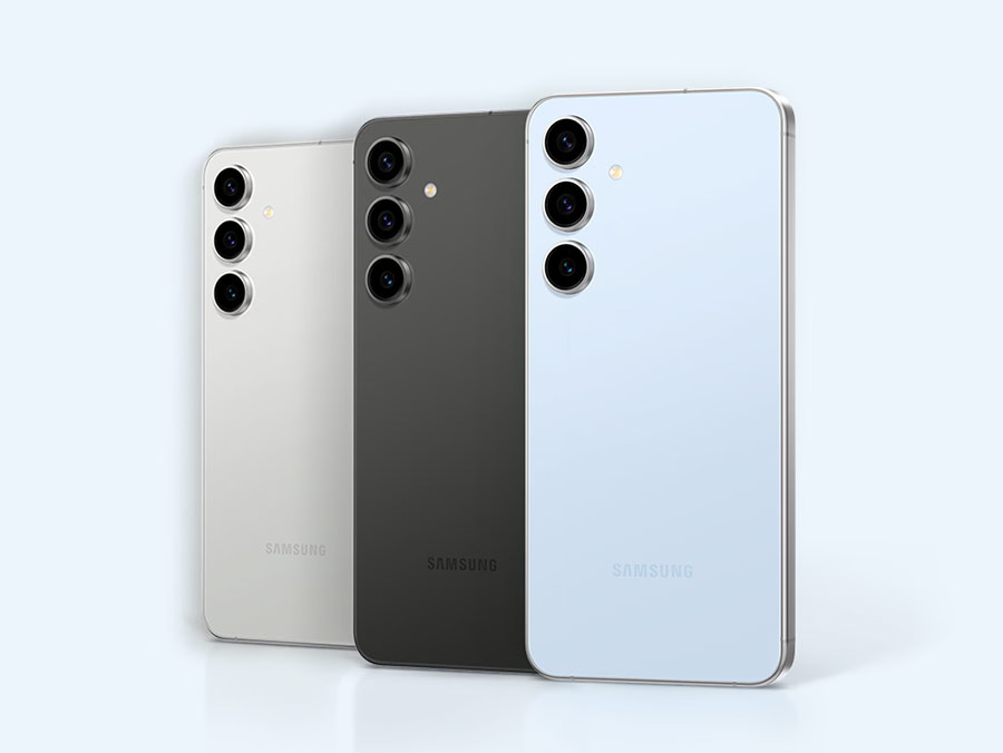 Galaxy S24 FE lado a lado nas cores preto, prata e azul-claro