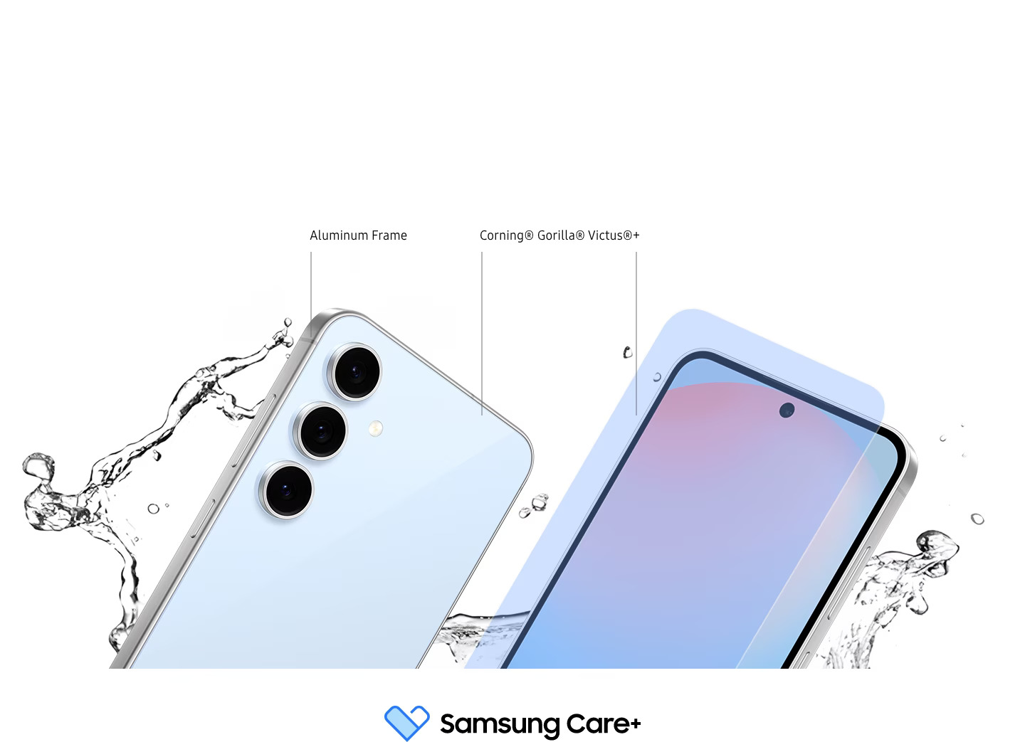 Parte traseira e tela do Galaxy S24 FE com estrutura de alumínio e vidro Gorilla Glass Victus+ resistente à água