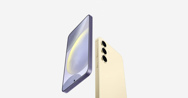 Vista frontal e traseira do Samsung Galaxy S24 Plus em amarelo e violeta