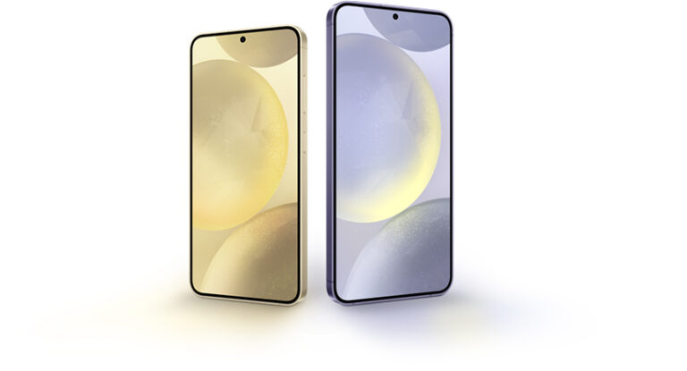 Dois smartphones Samsung Galaxy S24 vistos de frente – em amarelo e azul – com tela OLED sem bordas.