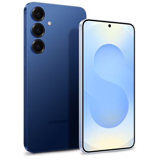 Samsung Galaxy S25 azul com tela frontal e câmera tripla traseira