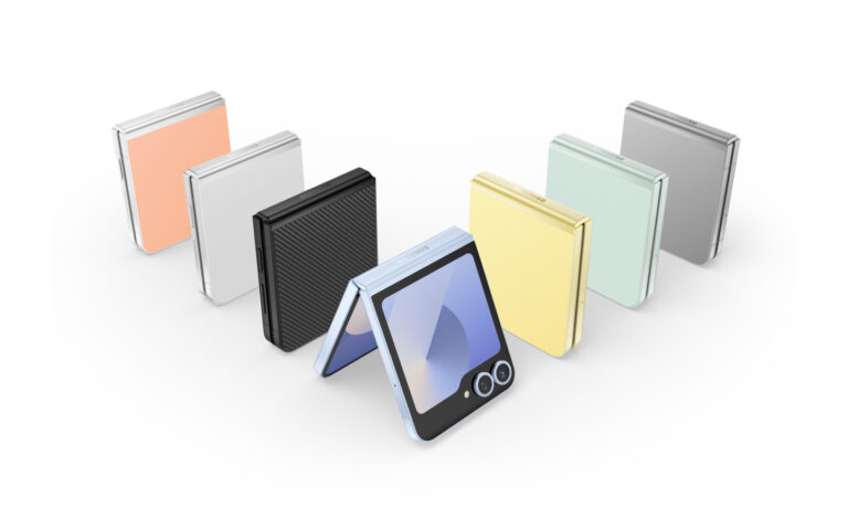 Várias cores do Samsung Galaxy Z Flip 6 exibidas em posições abertas e fechadas