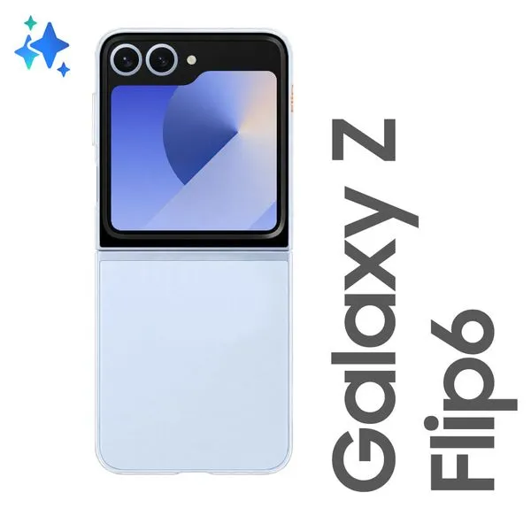 Vista frontal do Samsung Galaxy Z Flip 6 com tela externa grande em modo aberto