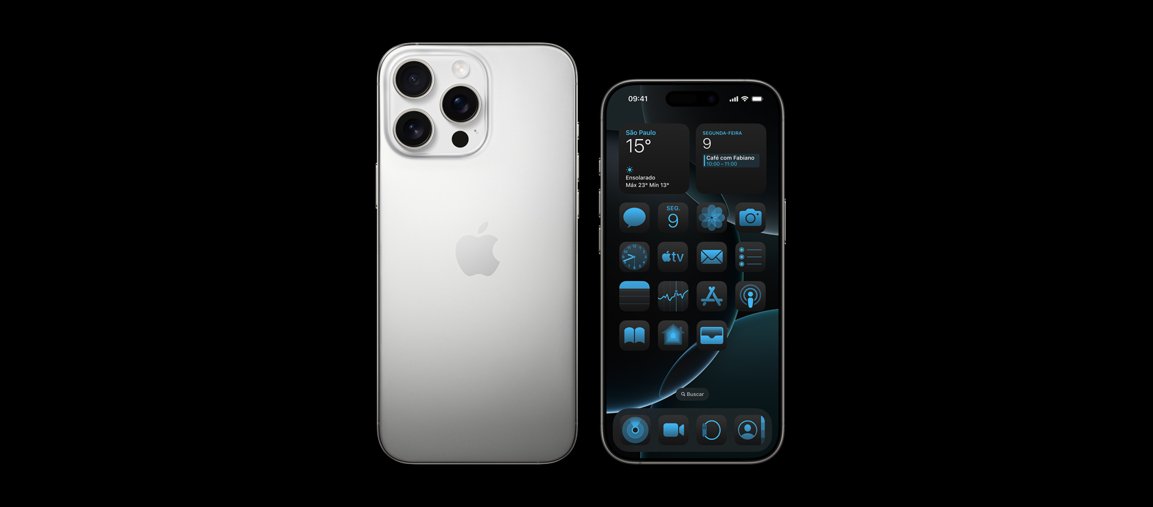 Parte traseira e frontal do iPhone 16 Pro na cor branca com interface azul clara
