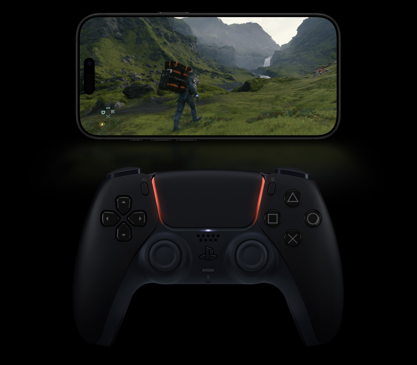 iPhone 16 Pro exibe um jogo na tela com controle do PlayStation conectado