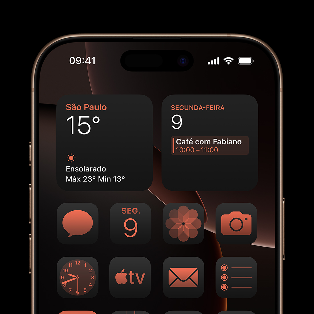 iPhone 16 Pro Max com exibição dinâmica de clima, calendário e aplicativos