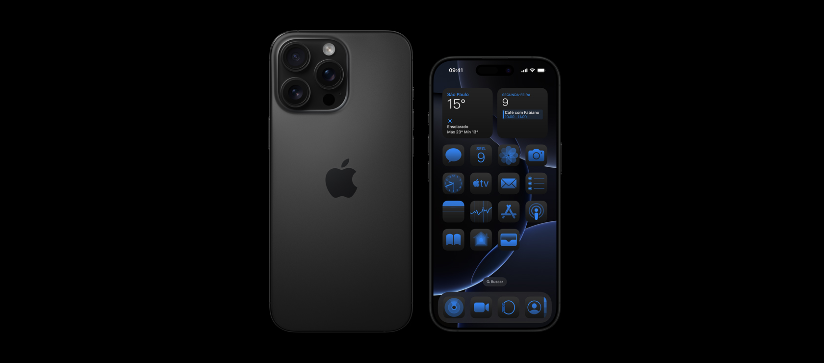 Parte traseira e frontal do iPhone 16 Pro na cor preta com tela inicial escura