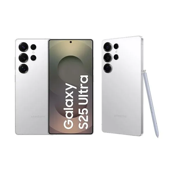 Samsung Galaxy S25 azul com tela frontal e câmera tripla traseira