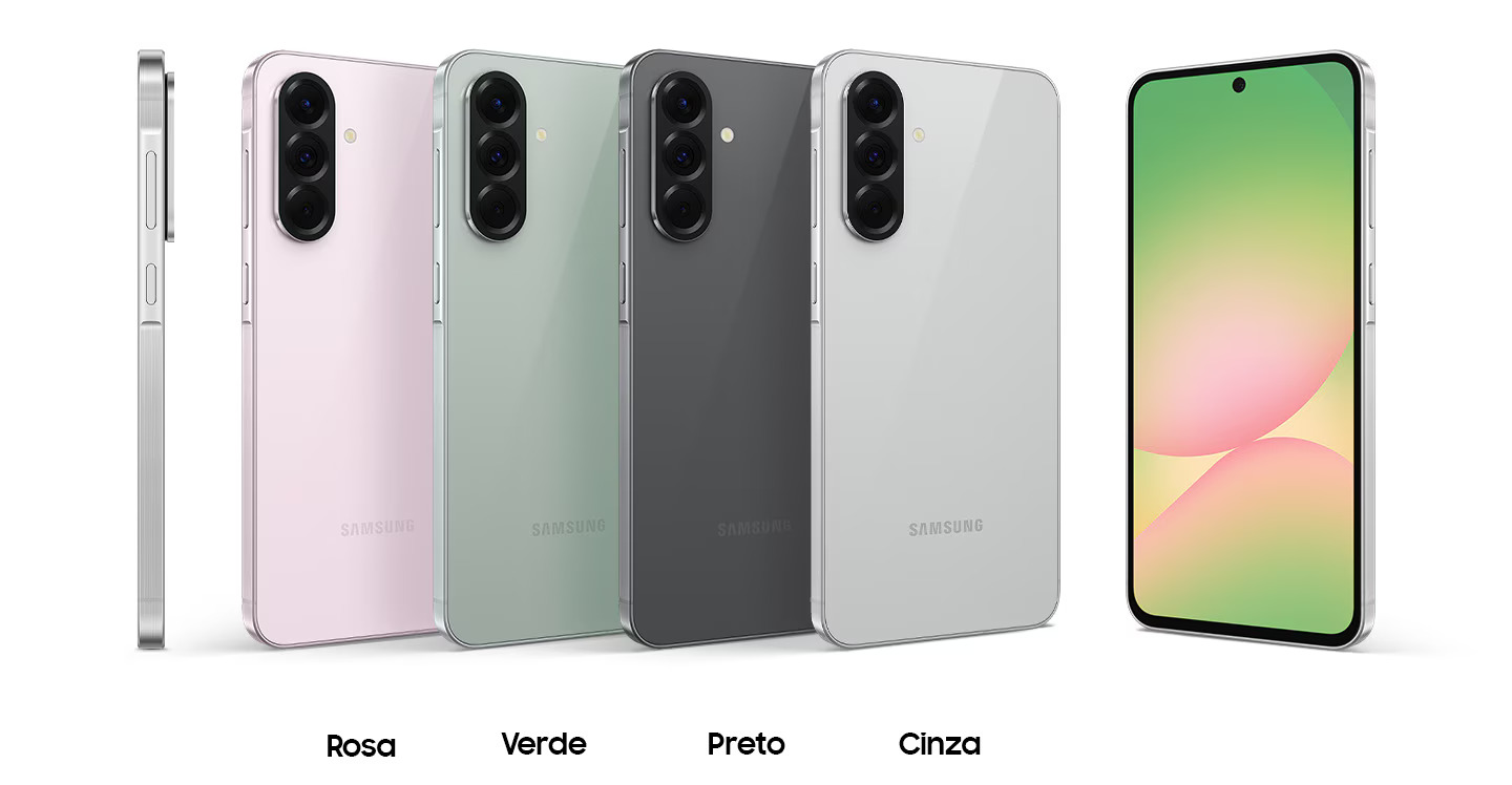 Samsung Galaxy A56 5G visto de frente com tela OLED e design plano