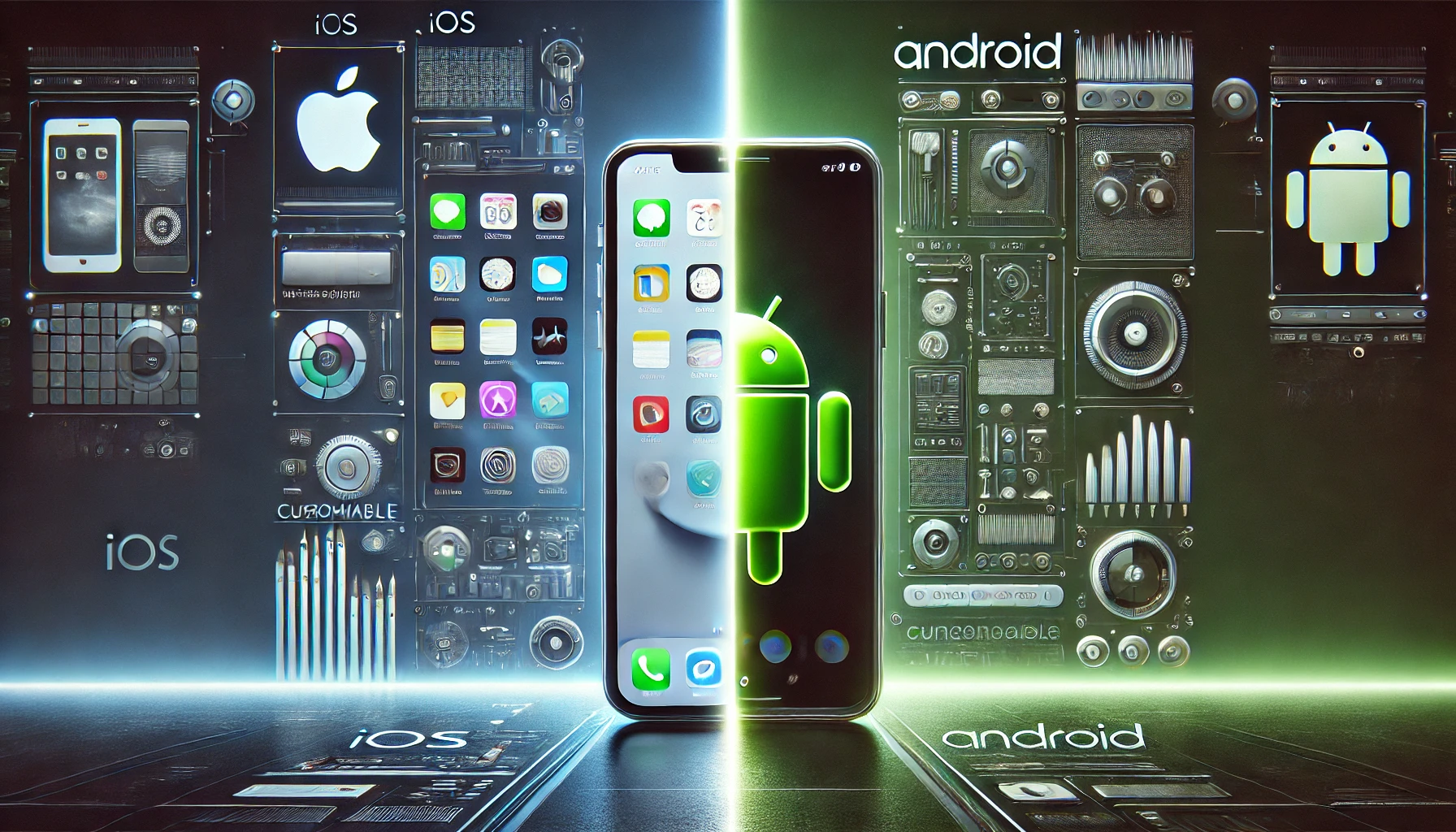 Comparação visual entre iOS e Android com smartphone dividido ao centro, interfaces estilizadas e elementos técnicos ao fundo.