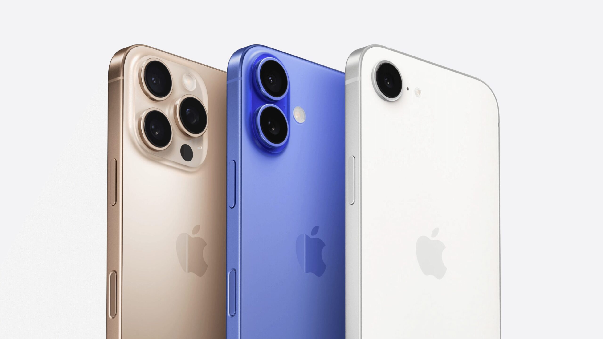 Visão traseira dos modelos iPhone 16 Pro, iPhone 16 e iPhone 16e com seus módulos de câmera nas cores dourado, azul e branco.