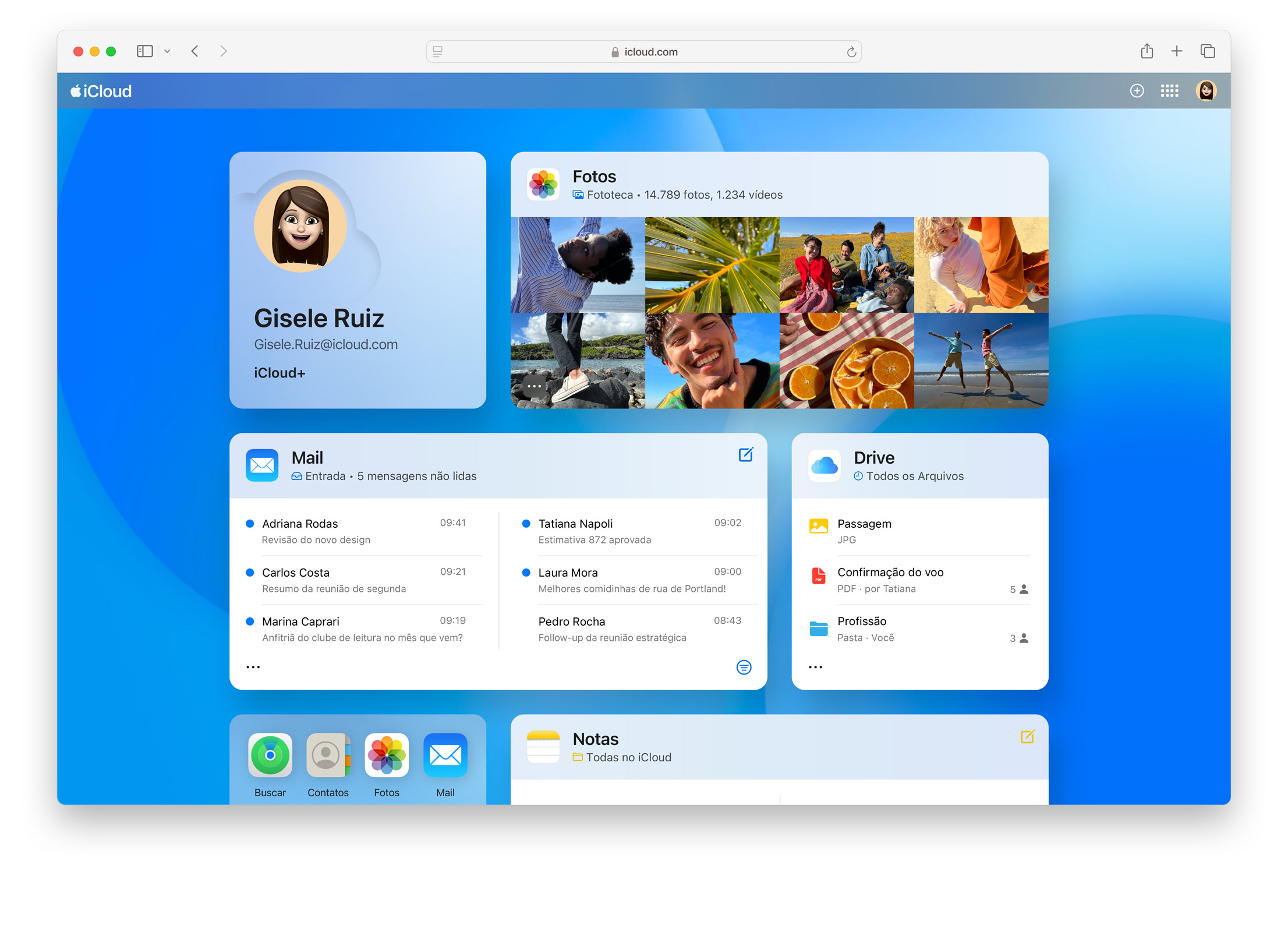 Captura de tela da interface web do iCloud com perfil do usuário, fotos, e-mail, drive e notas em fundo azul.