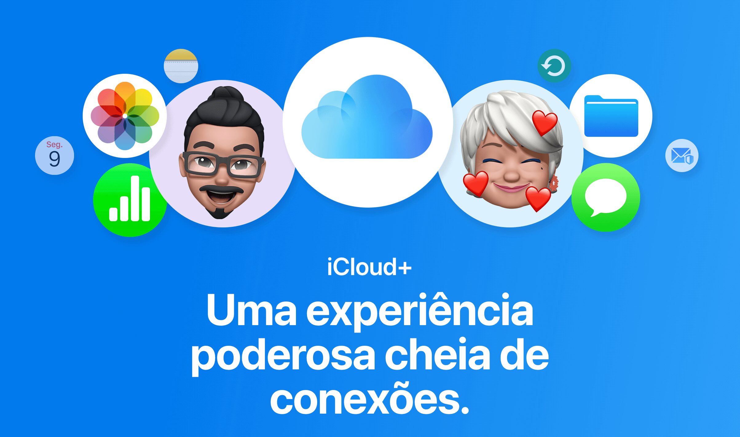 Visual do iCloud+ com avatares Memoji, ícones de apps e o texto “Uma experiência poderosa cheia de conexões” em fundo azul.