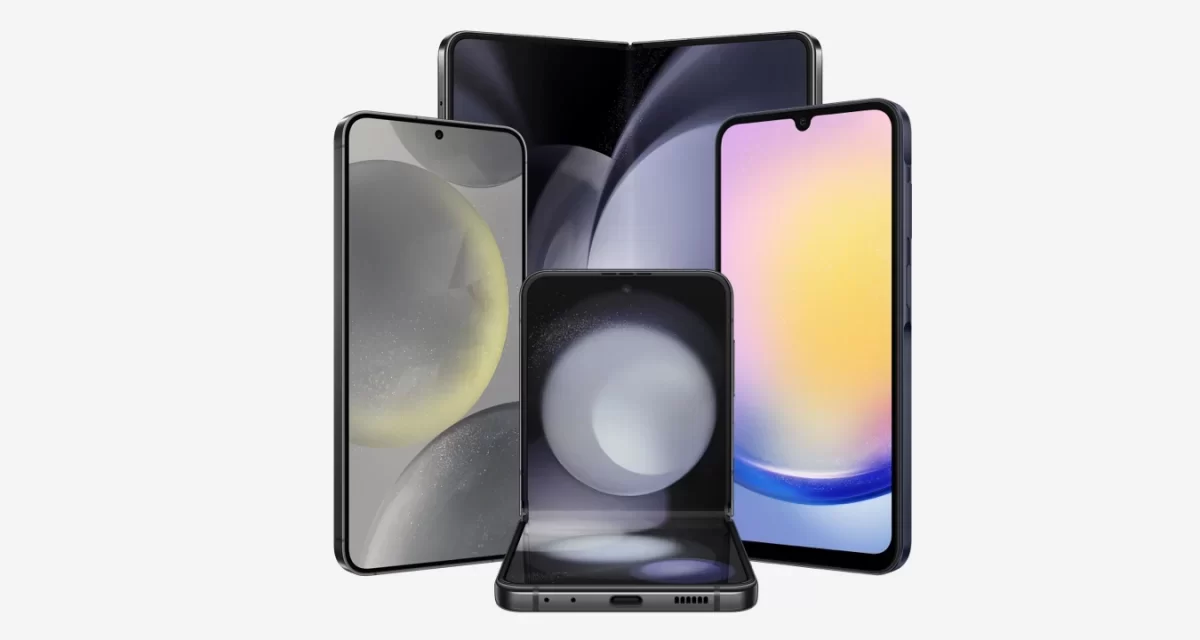 Modelos Samsung Galaxy S24, Fold 5, Flip 5 e A25 lado a lado