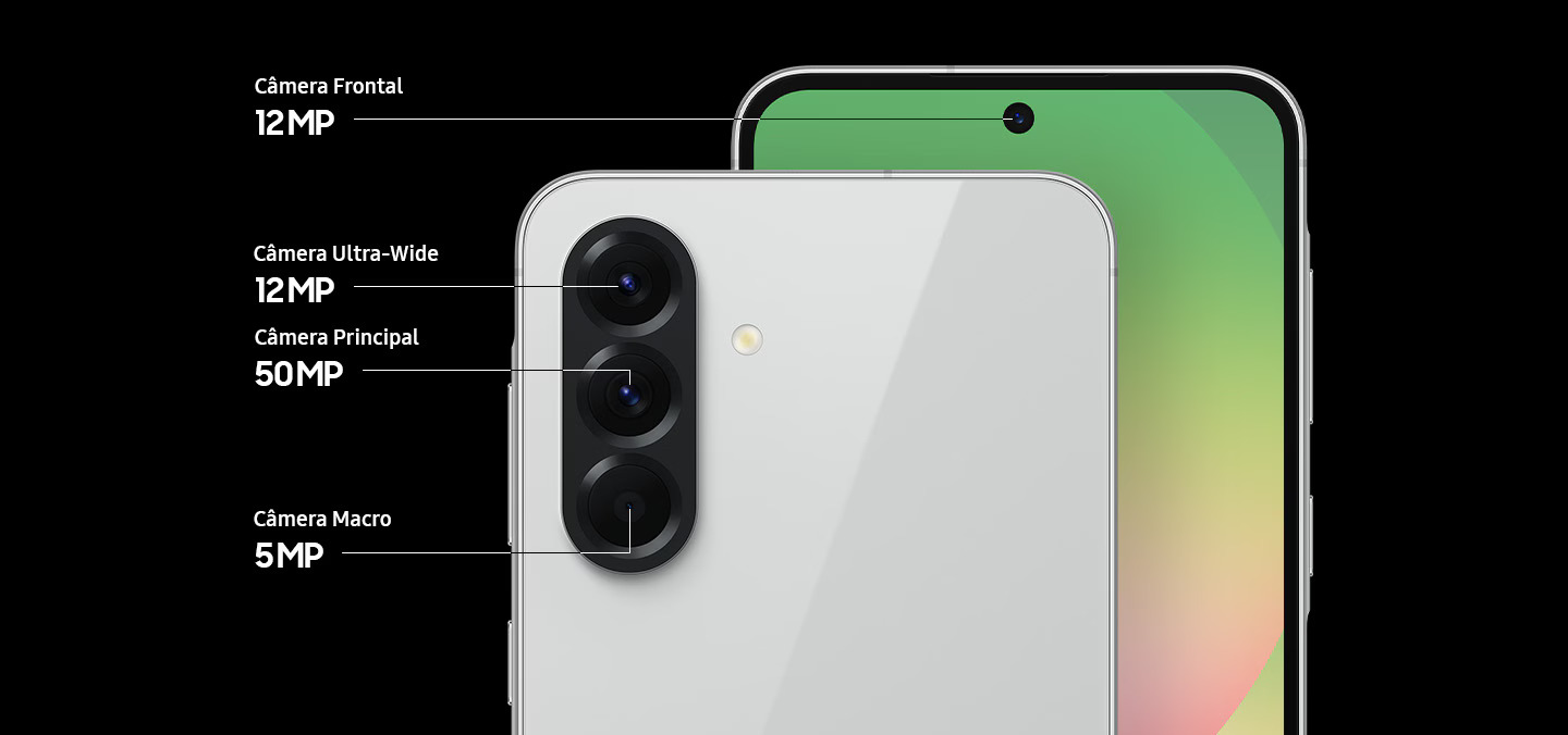 Configuração de câmera do Samsung Galaxy A56 5G com câmera principal de 50 MP, ultra-wide de 12 MP, macro de 5 MP e câmera frontal de 12 MP