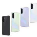 Samsung Galaxy A36 nas cores Preto, Branco, Limão e Lavanda lado a lado