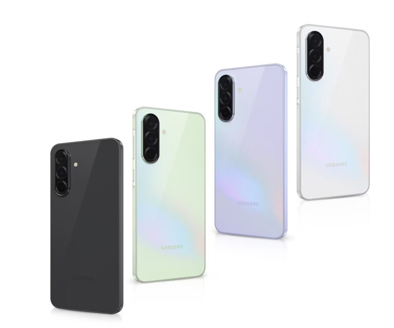 Samsung Galaxy A36 nas cores Preto, Branco, Limão e Lavanda lado a lado