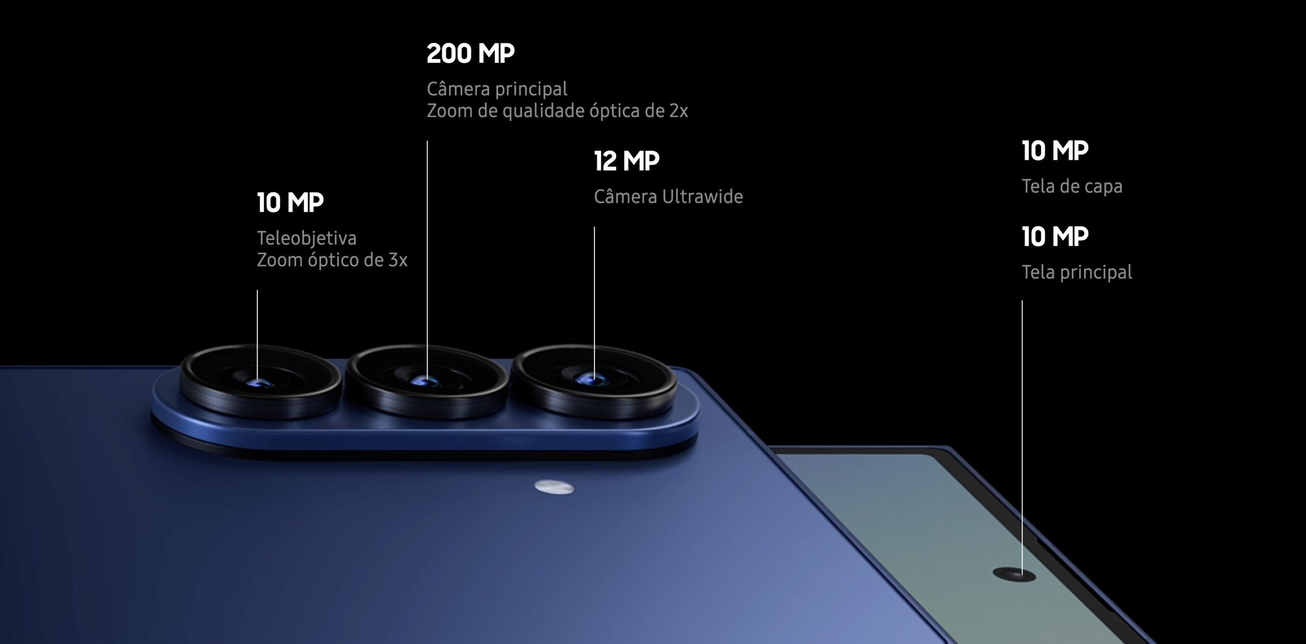 Especificações da câmera do Samsung Galaxy Z Fold7 com sensor principal de 200 MP, ultrawide e teleobjetiva